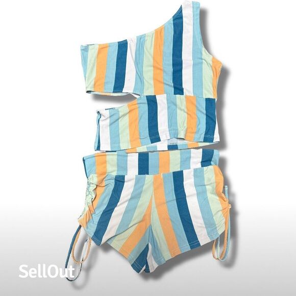 Full Circle Trends Women's Striped Outfit Size L Off-Shoulder High-Waist Set - Picture 7 of 9